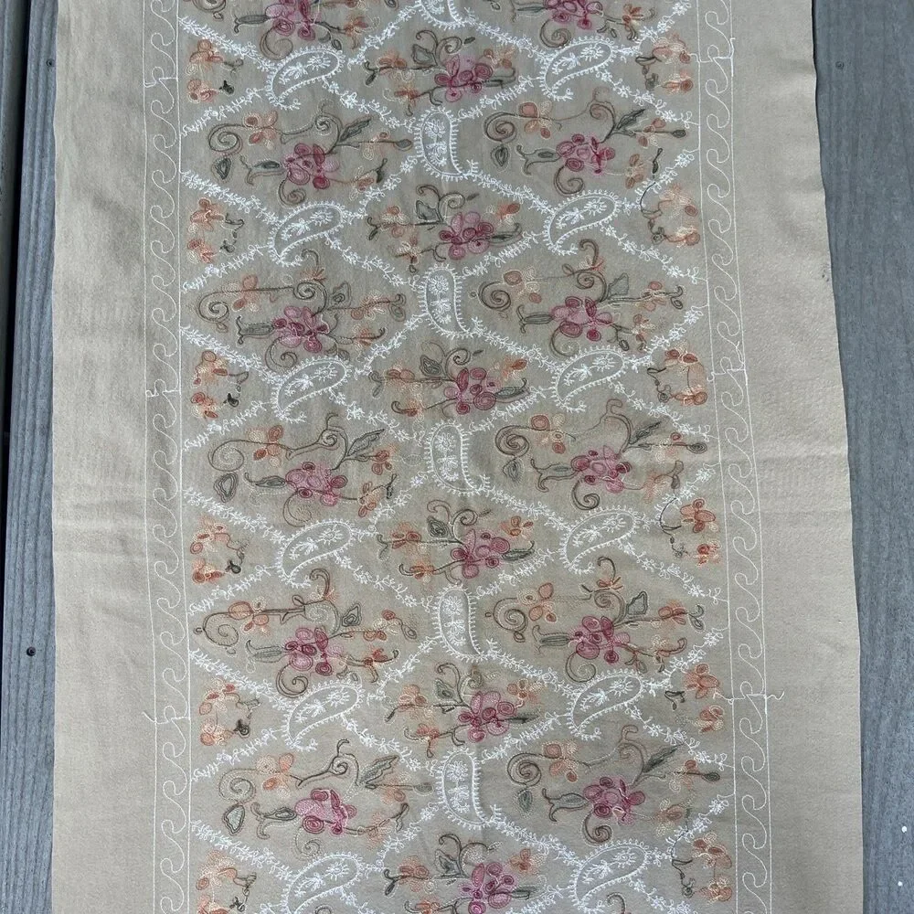 La Seine Embroidered Beige Floral Fringed Oversized Wrap Scarf Soft Luxurious